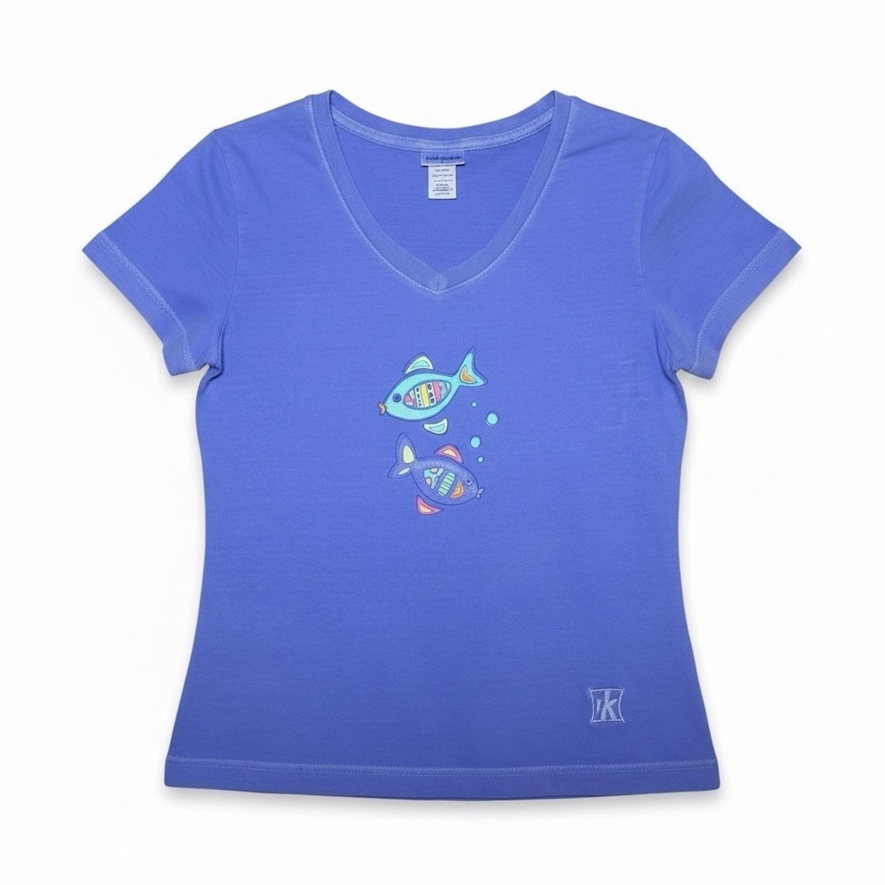 Fresh Produce Womens Fish Graphic V Neck Tee XS Purple 100% Cotton Coastal Beach